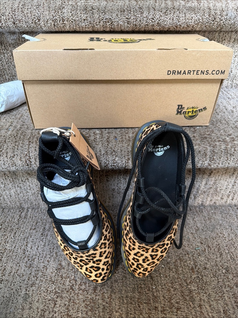 Dr. Martens Leopard Print Lace-Up Flats in Black and Yellow